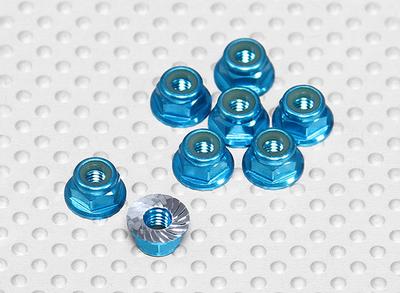 Blue Anodised Aluminum M4 Nylock Wheel Nuts w/ Serrated Flange (8pcs)