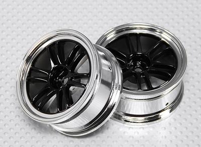 1:10 Scale Wheel Set (2pcs) Black/Chrome Split 6-Spoke RC Car 26mm (no offset)