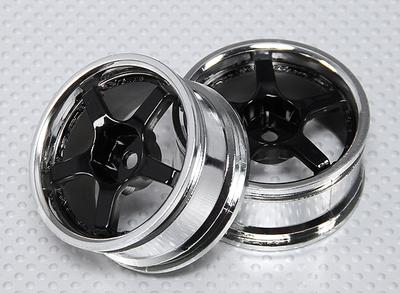 1:10 Scale Wheel Set (2pcs) Chrome/Black 5-Spoke RC Car 26mm (No Offset)