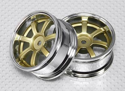 1:10 Scale Wheel Set (2pcs) Chrome/Gold 7-Spoke RC Car 26mm (3mm Offset)