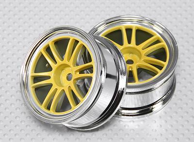 1:10 Scale Wheel Set (2pcs) Chrome/Yellow Split 6-Spoke RC Car 26mm (No Offset)