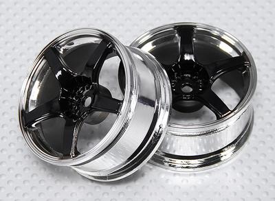 1:10 Scale Wheel Set (2pcs) Black/Chrome 5-Spoke RC Car 26mm (3mm offset)