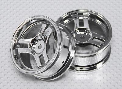 1:10 Scale Wheel Set (2pcs) Chrome Split 3-Spoke RC Car 26mm (No Offset)