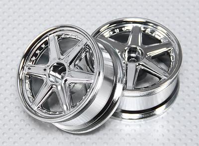 1:10 Scale Wheel Set (2pcs) Chrome 6-Spoke RC Car 26mm (No Offset)