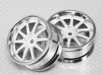 1:10 Scale Wheel Set (2pcs) Chrome/White 7-Spoke RC Car 26mm (3mm Offset)