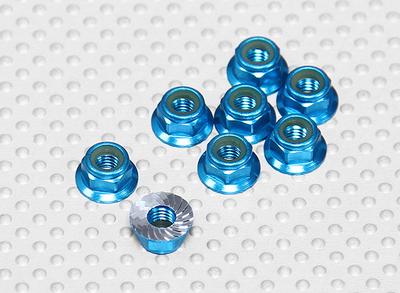 Blue Anodised Aluminum M5 Nylock Wheel Nuts w/ Serrated Flange (8pcs)