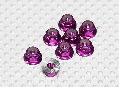 Purple Anodised Aluminum M4 Nylock Wheel Nuts w/ Serrated Flange (8pcs)