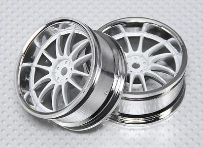 1:10 Scale Wheel Set (2pcs) White/Chrome Split 6-Spoke RC Car 26mm (3mm offset)