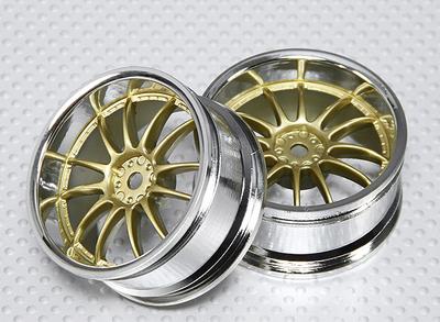 1:10 Scale Wheel Set (2pcs) Chrome/Gold Split 6-Spoke RC Car 26mm (3mm Offset)