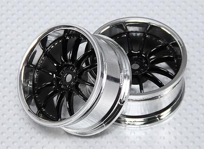 1:10 Scale Wheel Set (2pcs) Black/Chrome Split 6-Spoke RC Car 26mm (3mm offset)